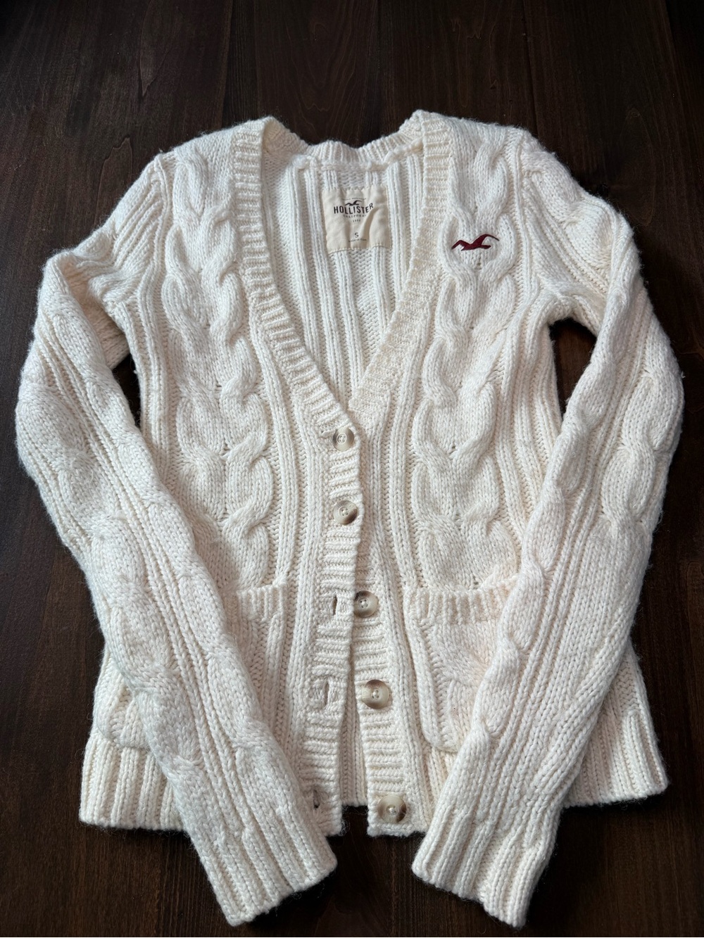 Hollister Cream Cable-Knit V-Neck Cardigan with Embroidered Logo